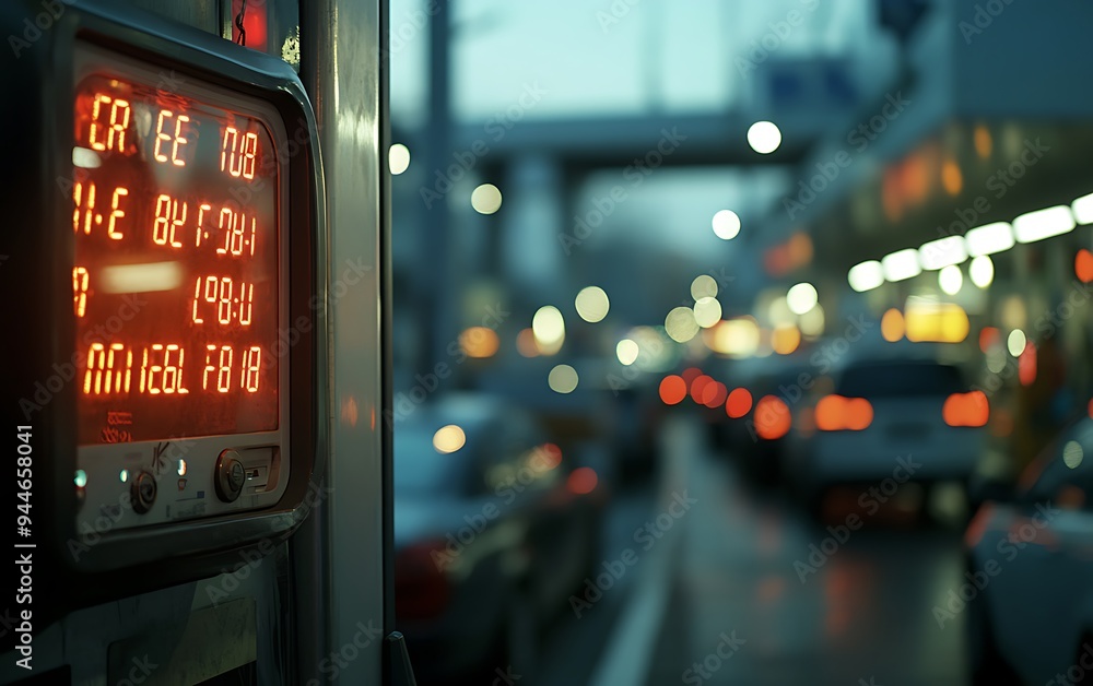 Macro Shot of Fuel Pump with Fluctuating Price Displays, Depicting the Consumer Impact of Oil Price Changes at a Busy Gas Station at Dusk Macro Shot of Fuel Pump with Fluctuating Price Displays, Depicting the Consumer Impact of Oil Price Changes at a Busy Gas Station at Dusk