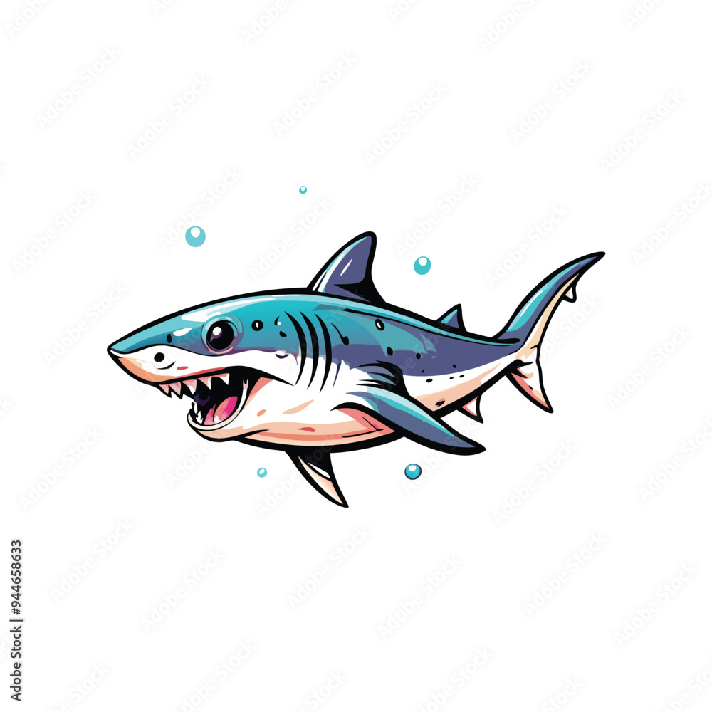 A cartoon shark with an open mouth and sharp teeth, swimming in the ocean with bubbles around it. A cartoon shark with an open mouth and sharp teeth, swimming in the ocean with bubbles around it.