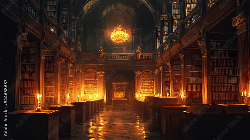 A dimly lit grand library with candlelight illuminating bookshelves and a chandelier. A dimly lit grand library with candlelight illuminating bookshelves and a chandelier.