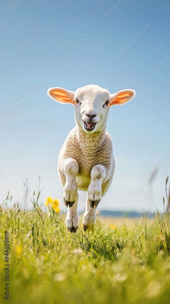 A playful sheep leaps joyfully across a vibrant green field under a clear blue sky, capturing the essence of farm life. A playful sheep leaps joyfully across a vibrant green field under a clear blue sky, capturing the essence of farm life.