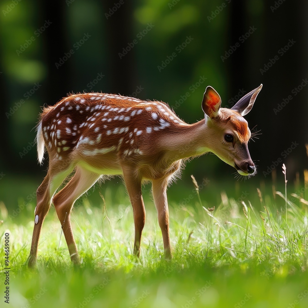 A young fawn grazes peacefully in a sunlit meadow, surrounded by lush greenery and soft grass, capturing a moment of natural beauty. A young fawn grazes peacefully in a sunlit meadow, surrounded by lush greenery and soft grass, capturing a moment of natural beauty.