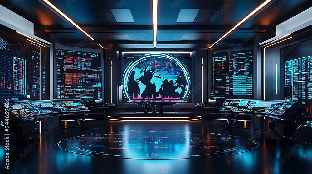 Futuristic Control Room with Holographic Displays Monitoring Global Oil Prices, Depicting High-Tech Surveillance of the Oil Market Futuristic Control Room with Holographic Displays Monitoring Global Oil Prices, Depicting High-Tech Surveillance of the Oil Market