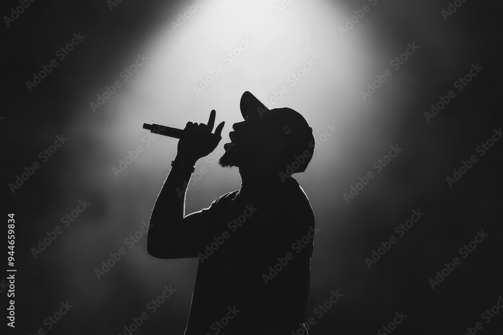 A rapper with dynamic poses, mic in hand, on a minimalist stage setup, stark contrast with intense spotlights and shadow play, A rapper with dynamic poses, mic in hand, on a minimalist stage setup, stark contrast with intense spotlights and shadow play,