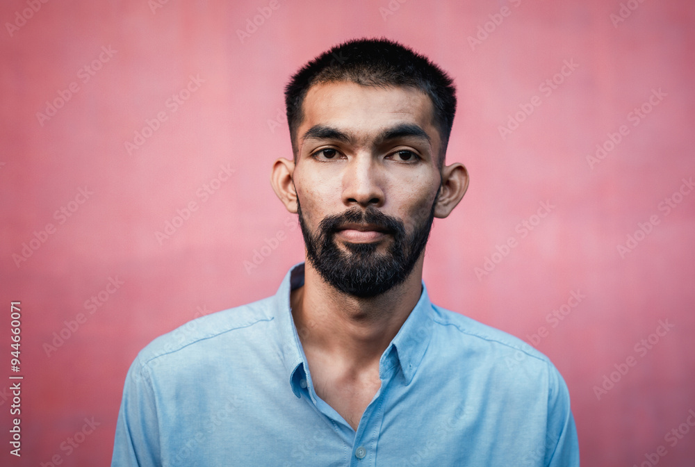 Portrait of handsome bearded Asian man wearing blue shirt on pink background and look at camera Portrait of handsome bearded Asian man wearing blue shirt on pink background and look at camera