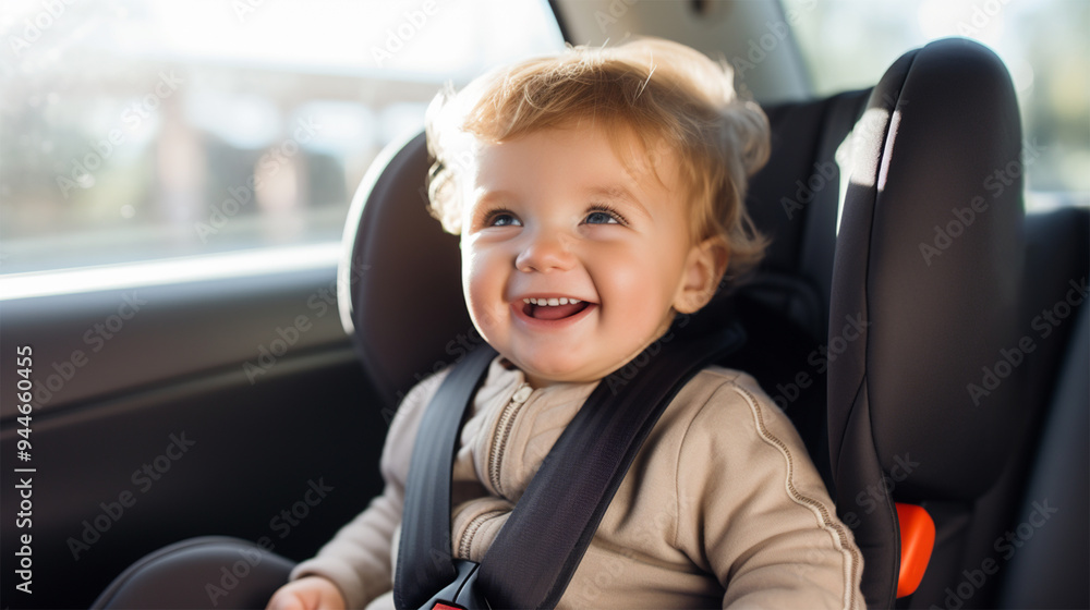 smiling curly blond baby boy in child car seat with safety belts.Preventing danger. concept of safe travel and protecting life smiling curly blond baby boy in child car seat with safety belts.Preventing danger. concept of safe travel and protecting life
