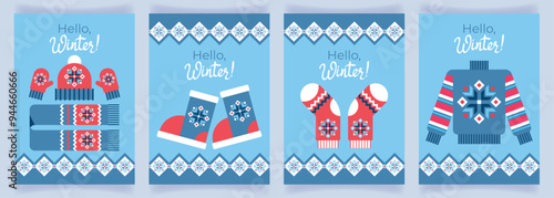 Set of winter backgrounds with icons of winter warm clothes and shoes, snowflake ornament and handwritten inscription. Poster, flyer, label, price tag