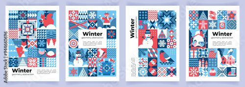 Set of winter geometric backgrounds with elements of nature, home, outdoor activities. Creative wintery poster with forest animals, birds, snowman and abstract ornaments. Poster, banner, flyer, cover