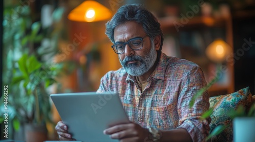 Indian mid age man holding currency notes or money while working on laptop in living room