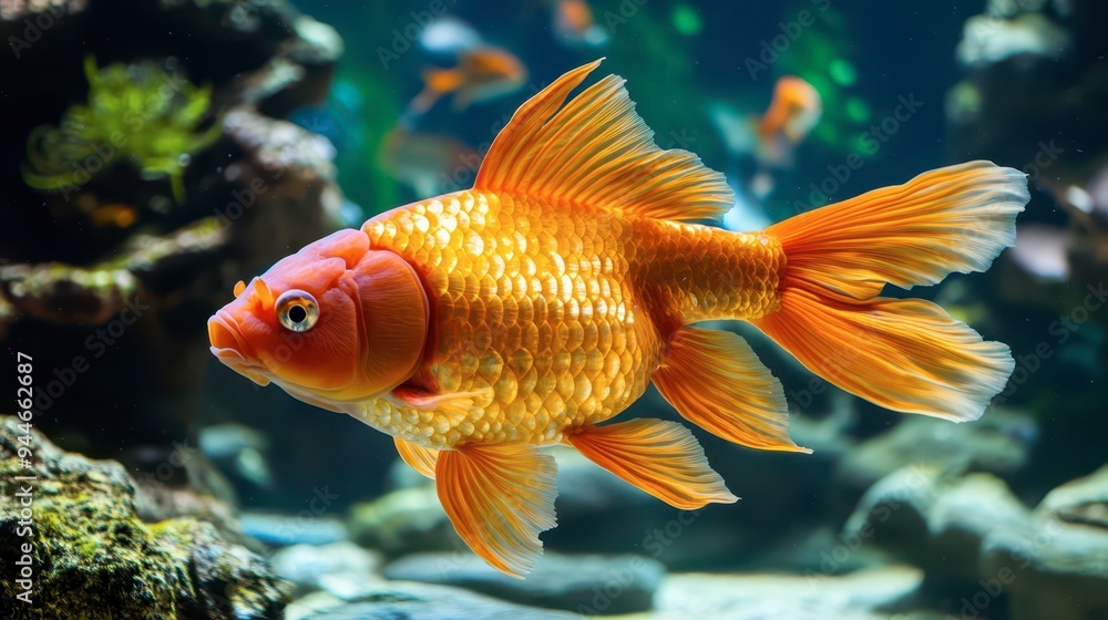 Golden fish swimming gracefully in a vibrant aquarium Golden fish swimming gracefully in a vibrant aquarium
