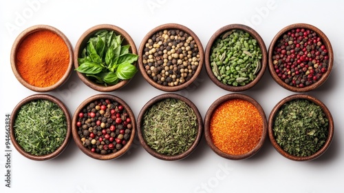 Top view of Herbs and spices isolated on background, ingredients for cooking food