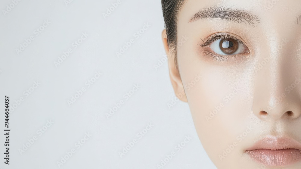 Naklejka premium Close-up of an Asian person s face, showcasing clear, bright skin with no blemishes, perfect complexion, clear skin, bright complexion, flawless beauty