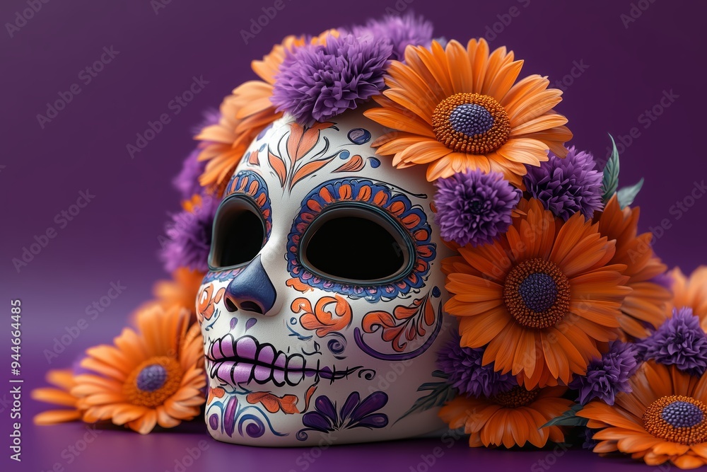 3D model of dia de los muertos festive mask with dahlias, roses and orange marigolds on a vibrant bold purple background 3D model of dia de los muertos festive mask with dahlias, roses and orange marigolds on a vibrant bold purple background