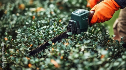 Hedge trimmer in use, shaping a bush in a well-maintained garden, Practical, Bright, Detailed