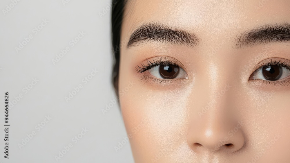 Close-up of an Asian woman s face, with luminous, well-hydrated skin, natural light highlighting her clear complexion, luminous skin, hydrated complexion, natural radiance Close-up of an Asian woman s face, with luminous, well-hydrated skin, natural light highlighting her clear complexion, luminous skin, hydrated complexion, natural radiance