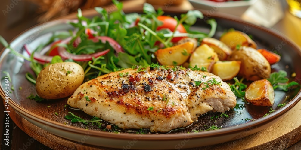 Chicken breast cutlet with roasted potatoes and salad on a blurred background Chicken breast cutlet with roasted potatoes and salad on a blurred background
