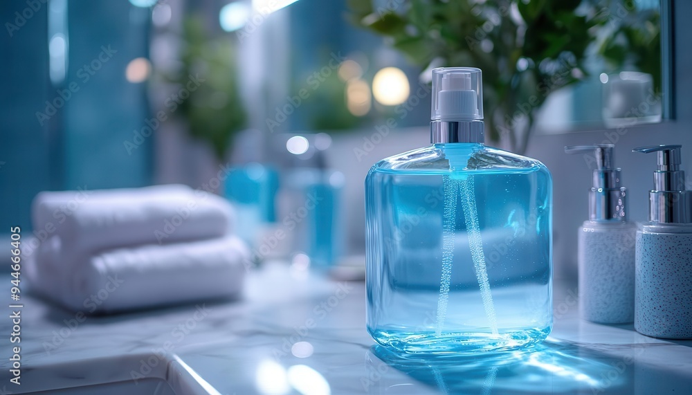 Mouthwash bottle on a bathroom counter, with a focus on freshness and care, Fresh, Bright, Detailed Mouthwash bottle on a bathroom counter, with a focus on freshness and care, Fresh, Bright, Detailed
