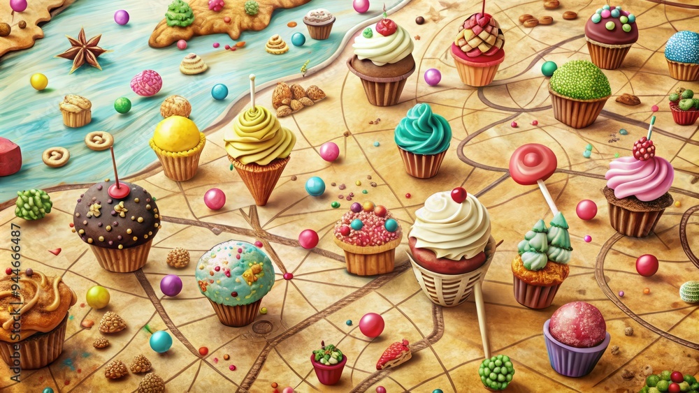 Obraz premium Cake pops ice cream transformed into a whimsical, hand-drawn map, leading to a treasure trove of sweet surprises