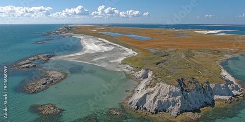 Aerial View of Pristine Coastal Wetlands and Rocky Cliffs with Clear Blue Waters Underneath a Bright Sky with Scattered Clouds