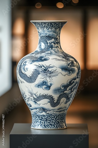 A Ming dynasty vase featuring elaborate dragon and cloud patterns, elegantly presented in a modern museum with clean lines and soft lighting photo