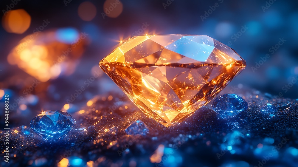 A sparkling diamond gemstone with blue and yellow highlights, on a bed of smaller, scattered diamonds. A sparkling diamond gemstone with blue and yellow highlights, on a bed of smaller, scattered diamonds.