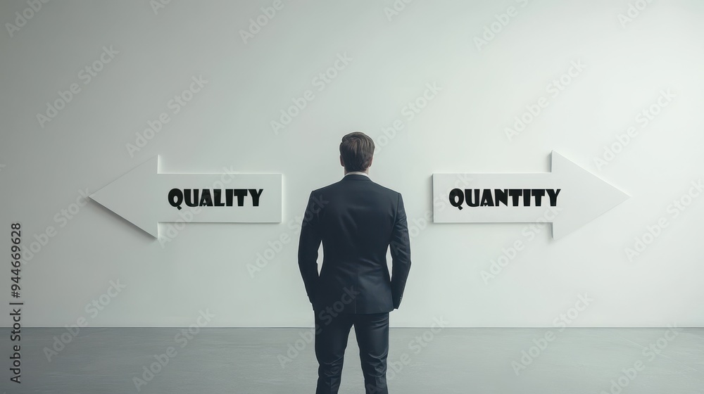 Obraz premium Product quality and quantity way topic, A businessman stands before a wall featuring white arrows to make strategic decisions.