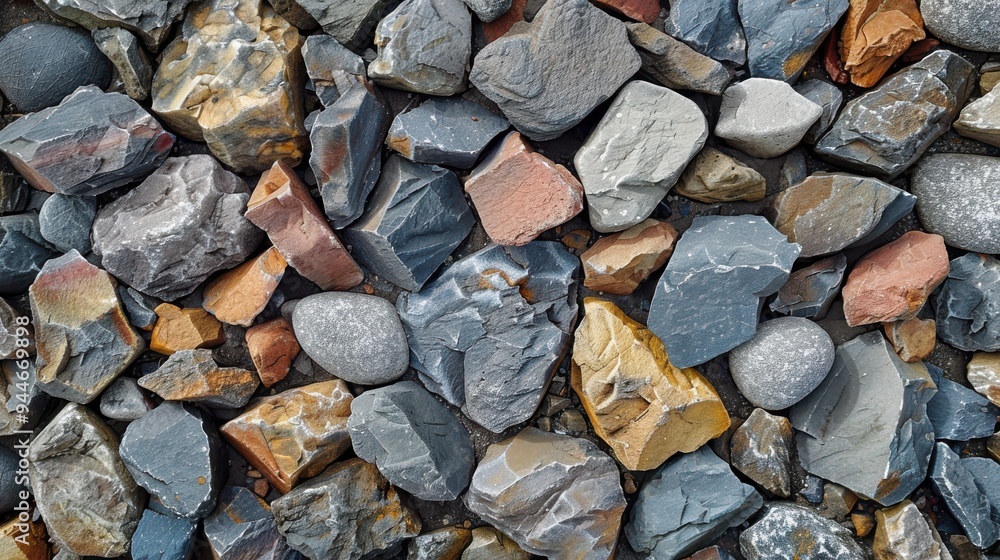 A close-up of a variety of stones in various shapes and sizes, including rounded and angular forms. The colors range from black to brown to tan.