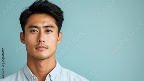 Close-up of an Asian man with even, blemish-free skin, natural light enhancing his healthy, clear complexion, blemish-free skin, healthy complexion, natural beauty