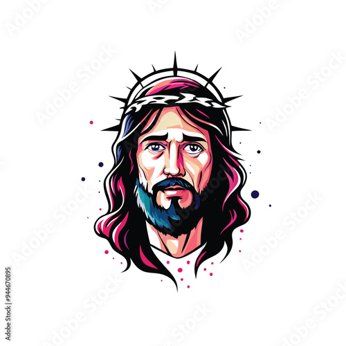 A colorful vector illustration of Jesus Christ with a crown of thorns.