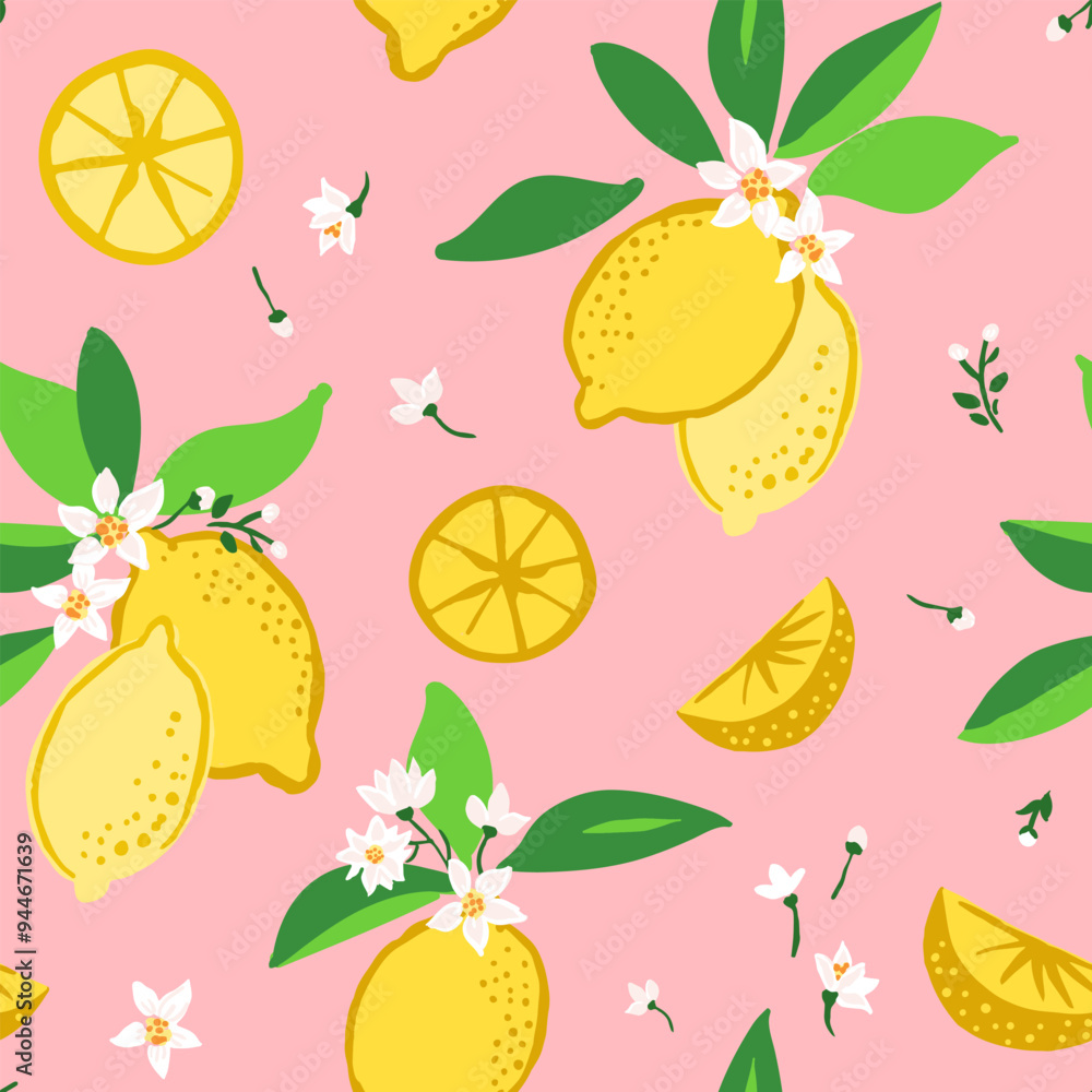 Seamless vector repeat pattern with yellow lemons and blossom flowers toss on soft pink ground. Summer fruit, swim, beach design, juice, food, picnic, cooking, mediterranean, Italian food backdrop Seamless vector repeat pattern with yellow lemons and blossom flowers toss on soft pink ground. Summer fruit, swim, beach design, juice, food, picnic, cooking, mediterranean, Italian food backdrop