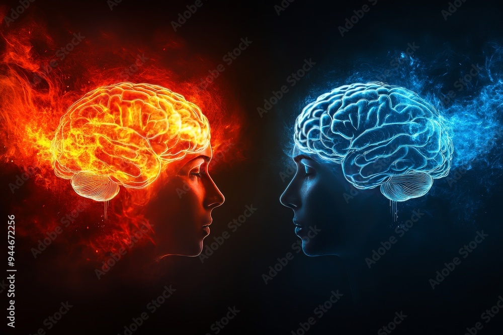 Obraz premium Futuristic Digital Art of Two Faces with Glowing Red and Blue Brain Illustrations Depicting Cognitive Connectivity Intellectual Interaction and the Power of Thought in a High Contrast Setting