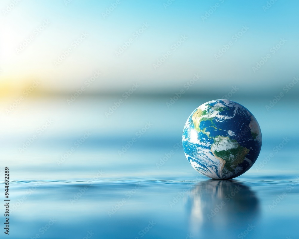 A serene globe floating on tranquil water under a soft blue sky, symbolizing peace and global harmony. A serene globe floating on tranquil water under a soft blue sky, symbolizing peace and global harmony.