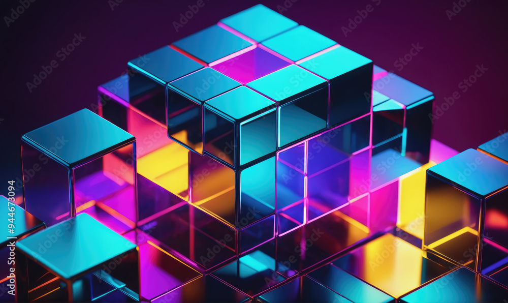 A vibrant arrangement of glowing cubes in blue, purple, and yellow hues, creating a captivating abstract composition A vibrant arrangement of glowing cubes in blue, purple, and yellow hues, creating a captivating abstract composition