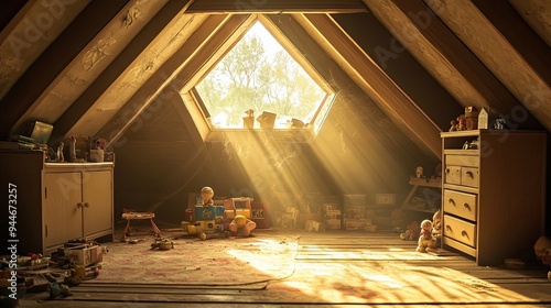 Wallpaper Mural Sunbeams Illuminating a Dusty Attic with Toys and Furniture Torontodigital.ca