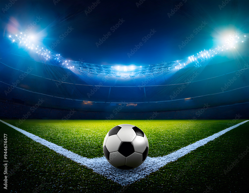 Φωτογραφία Ballon de football posé sur un terrain de football, au niveau du corner la nuit