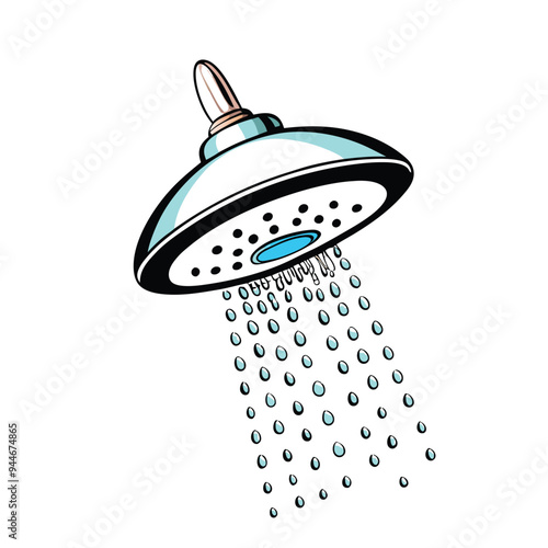 Create a realistic vector artwork of a showerhead spraying water droplets.