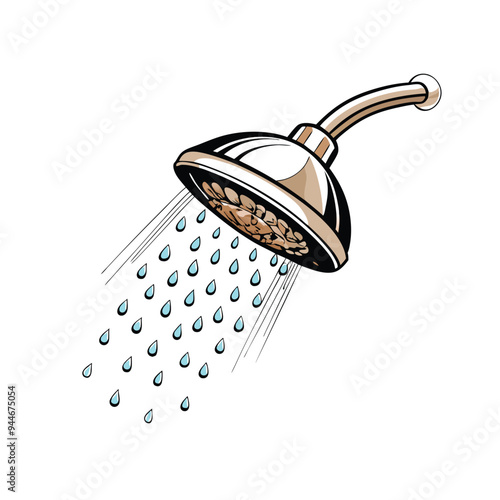 Create a realistic vector artwork of a showerhead spraying water droplets.