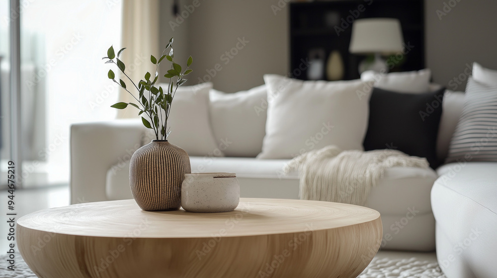 Round wood coffee table against white sofa. Scandinavian home interior design of modern living room Round wood coffee table against white sofa. Scandinavian home interior design of modern living room