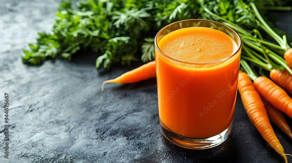 Close up of a glass filled with vibrant freshly squeezed carrot juice showcasing the natural orange hue and transparency of the liquid Close up of a glass filled with vibrant freshly squeezed carrot juice showcasing the natural orange hue and transparency of the liquid