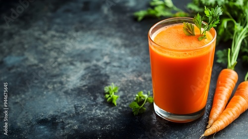 Freshly squeezed carrot juice in a glass with copyspace The vibrant orange liquid is a healthy and refreshing beverage full of vitamins minerals and antioxidants It represents a nutritious