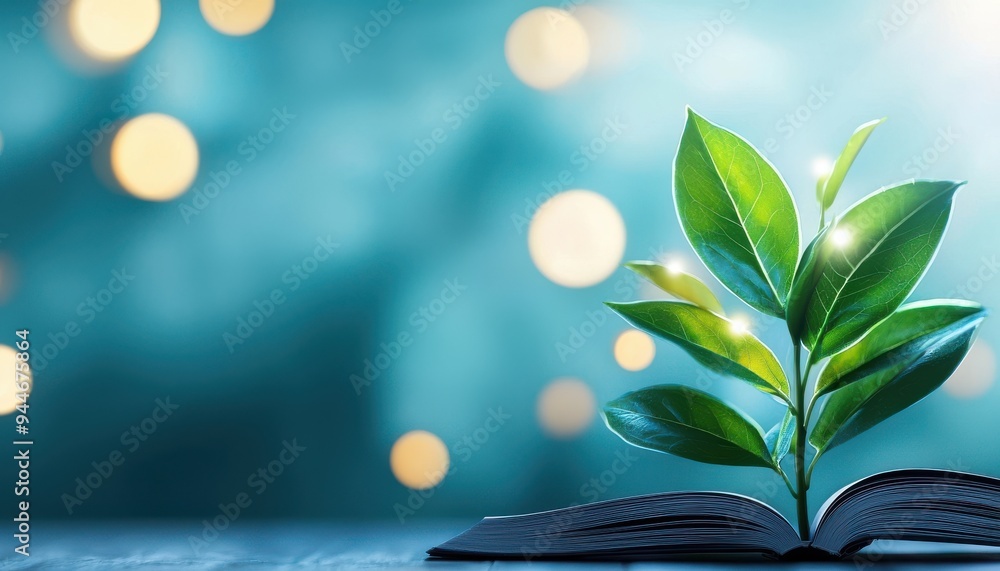 Obraz premium A vibrant green plant emerges from an open book, symbolizing growth, knowledge, and connection to nature in a soft, blurred background.