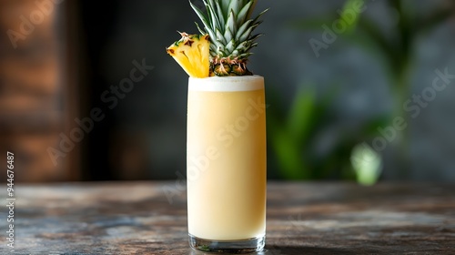 Refreshing tropical pia colada cocktail served in a glass with a pineapple slice garnish providing copy space for text overlay or branding photo