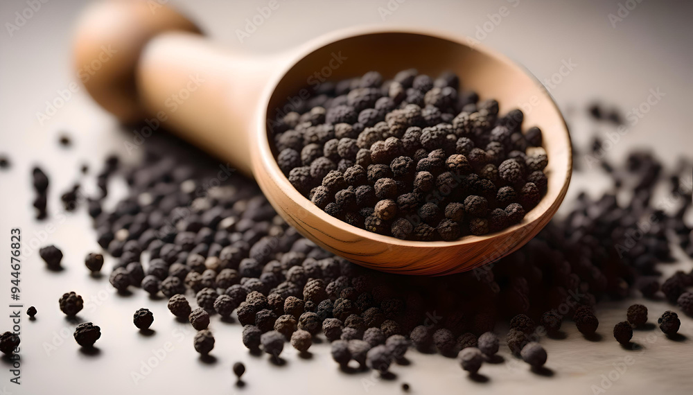Wooden scoop filled with black pepper grains and a small heap of finely ground pepper powder on a white background, showcasing the rich, organic texture and vibrant, natural essence of this spice Wooden scoop filled with black pepper grains and a small heap of finely ground pepper powder on a white background, showcasing the rich, organic texture and vibrant, natural essence of this spice