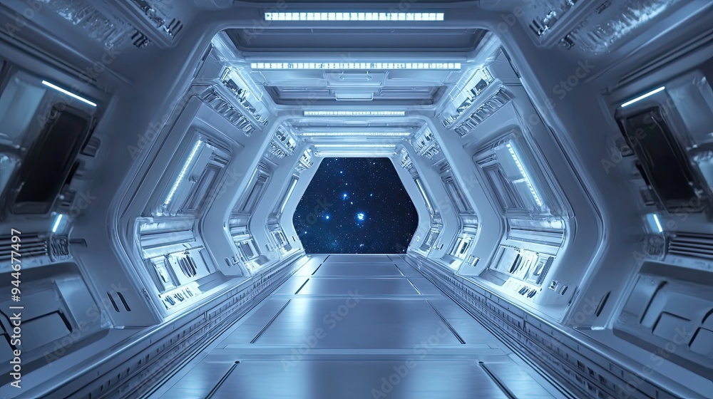 Obraz premium Futuristic Spaceship Corridor with Starry Viewport