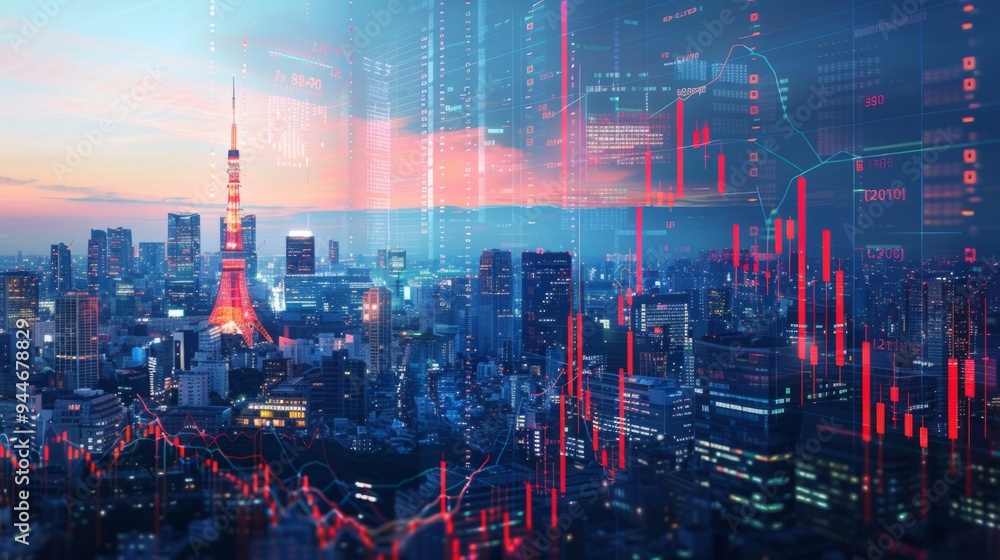 Stock market Forex charts over Tokyo landscape, international trading concept generative ai Stock market Forex charts over Tokyo landscape, international trading concept generative ai