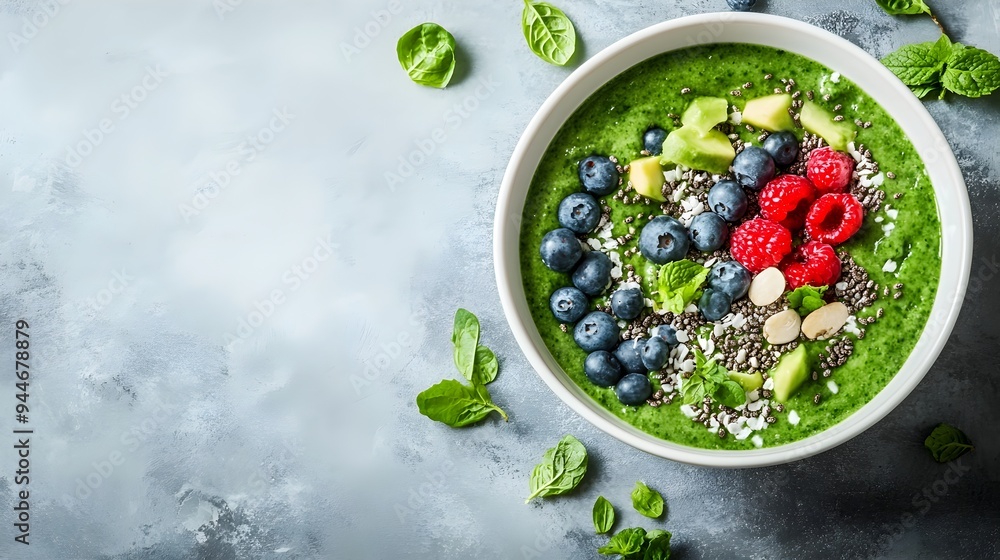Vibrant Green Smoothie Bowl Packed with Nutrient Rich Ingredients Like Spinach Banana Kiwi and Blueberries Topped with Crunchy Granola Chia Seeds and Nuts for a Healthy and Delicious Meal or Snack Vibrant Green Smoothie Bowl Packed with Nutrient Rich Ingredients Like Spinach Banana Kiwi and Blueberries Topped with Crunchy Granola Chia Seeds and Nuts for a Healthy and Delicious Meal or Snack