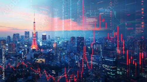 Stock market Forex charts over Tokyo landscape, international trading concept generative ai