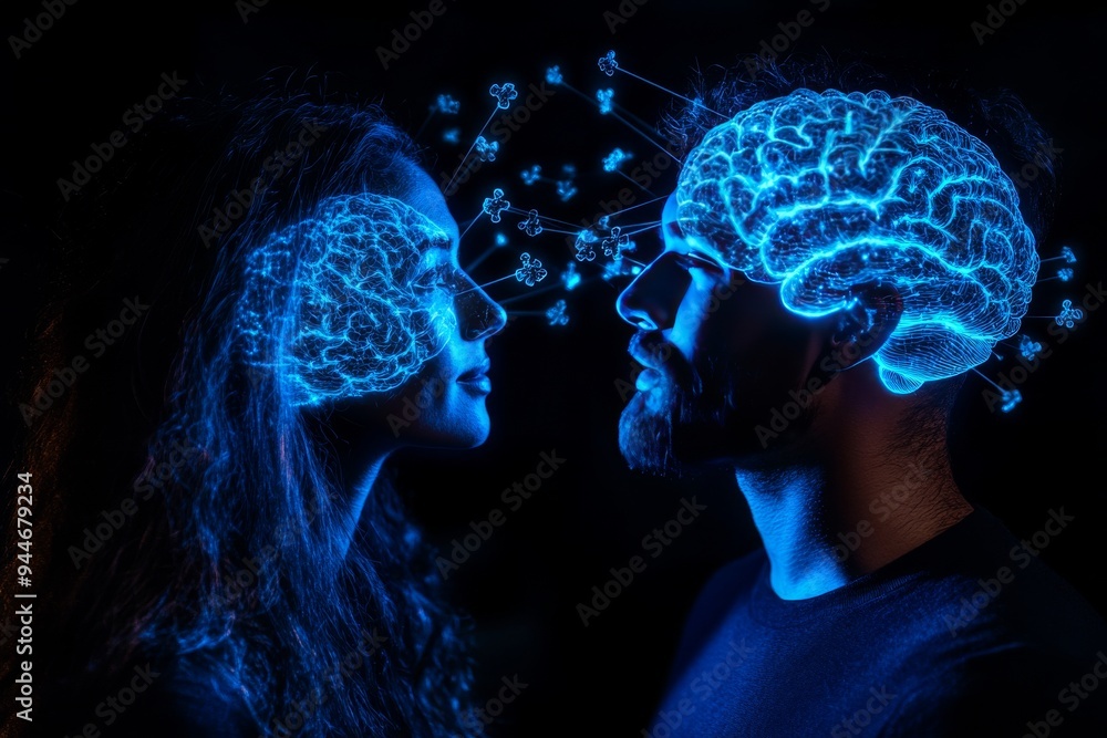 Abstract digital art of a couple facing each other with glowing blue brain overlays symbolizing intellectual intimacy mental connection and the shared exploration of ideas Abstract digital art of a couple facing each other with glowing blue brain overlays symbolizing intellectual intimacy mental connection and the shared exploration of ideas