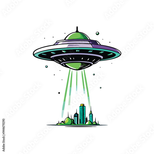 Realistic vector illustration of an alien spaceship hovering over a city with green beams of light.
