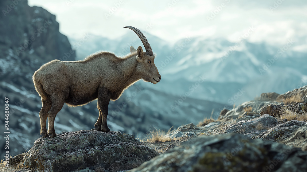 Ibex from the Side in a Diagonal View at Mid-Morning, Highlighting Detailed Horns and Natural Habitat Ibex from the Side in a Diagonal View at Mid-Morning, Highlighting Detailed Horns and Natural Habitat