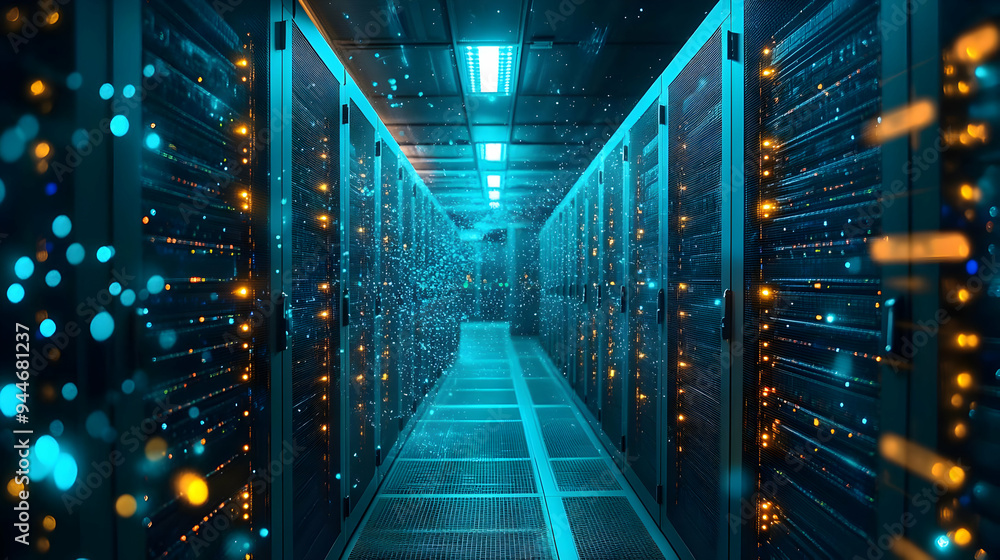 Data Center Server Room with Blue Lights and Bokeh Data Center Server Room with Blue Lights and Bokeh